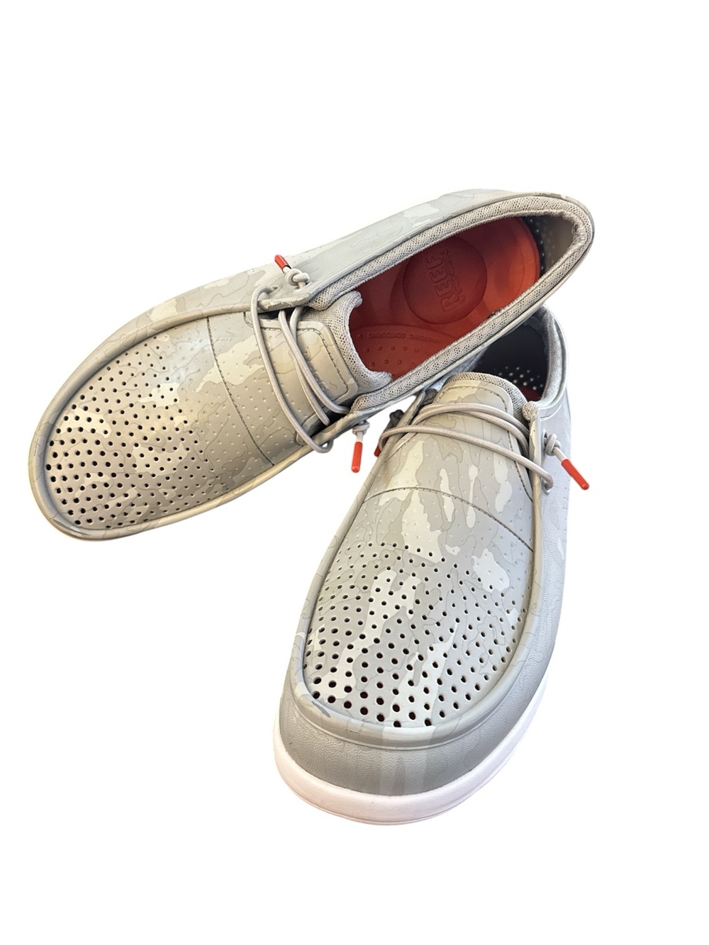 Reef Men's Light Gray Perforated Slip-On Loafers with Orange Accents zise 13